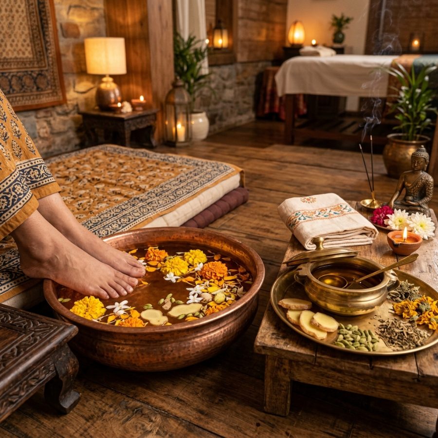 Ritual ayurvédico com bacia de cobre, flores, óleos e incenso