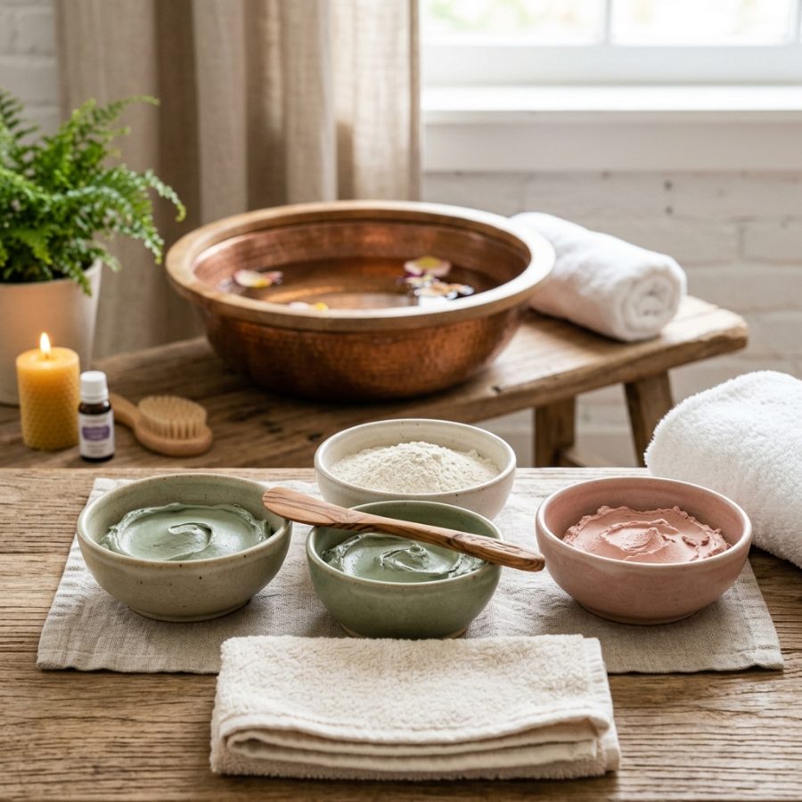 Argilas terapêuticas verde, branca e vermelha em bowls de cerâmica