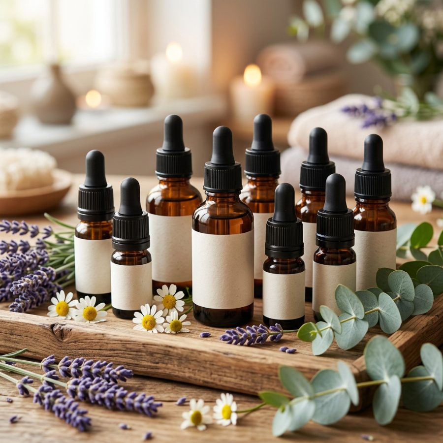 Frascos de óleos essenciais com lavanda, camomila e eucalipto sobre madeira