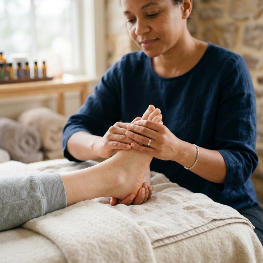 Terapeuta massageando os pés de uma cliente com as duas mãos