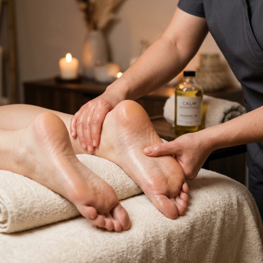 Massagem de reflexologia nos pés com óleo em ambiente à luz de velas