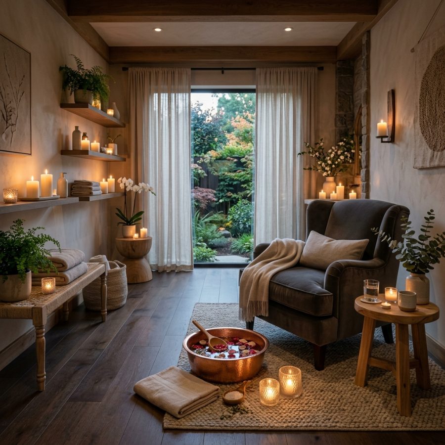 Ambiente acolhedor de massagem com poltrona, velas e bacia de cobre